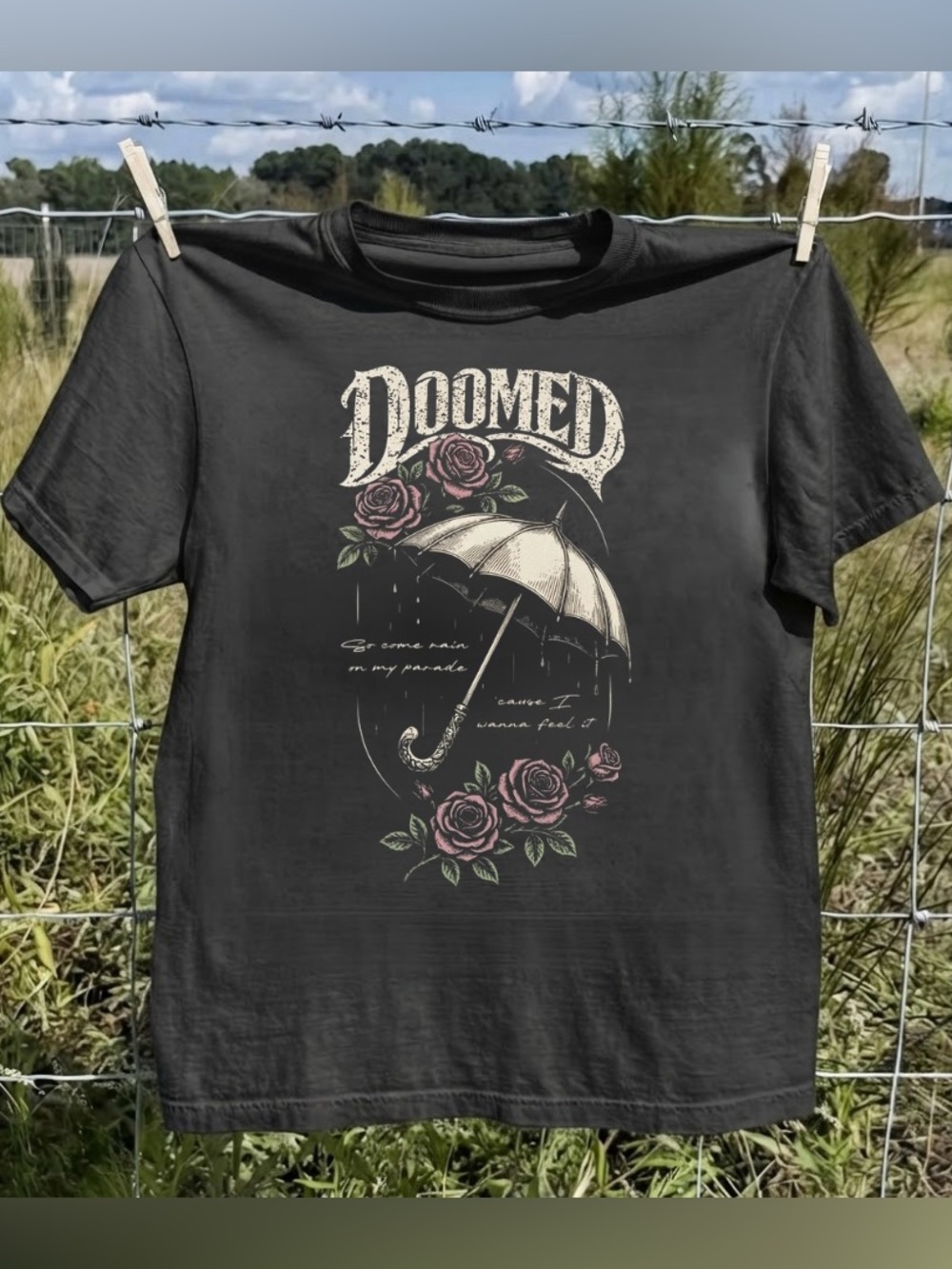 Doomed Umbrella Roses Rain Lyric Shirt